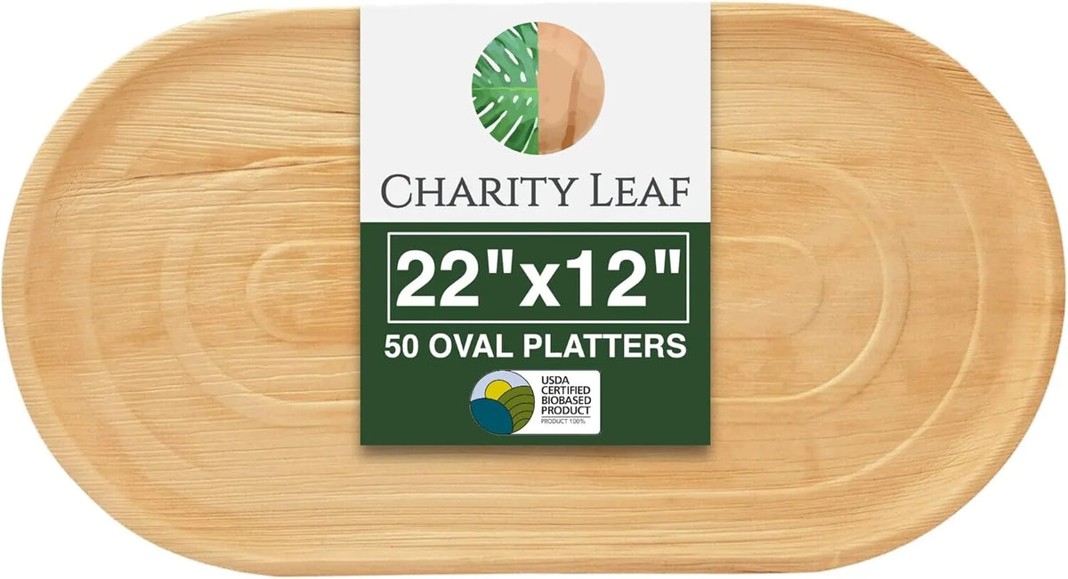 Charity Leaf 50-Pack 22"x12" Palm Leaf Trays, Eco-Friendly, Compostable Platters for Weddings, Charcuterie Boards & Events