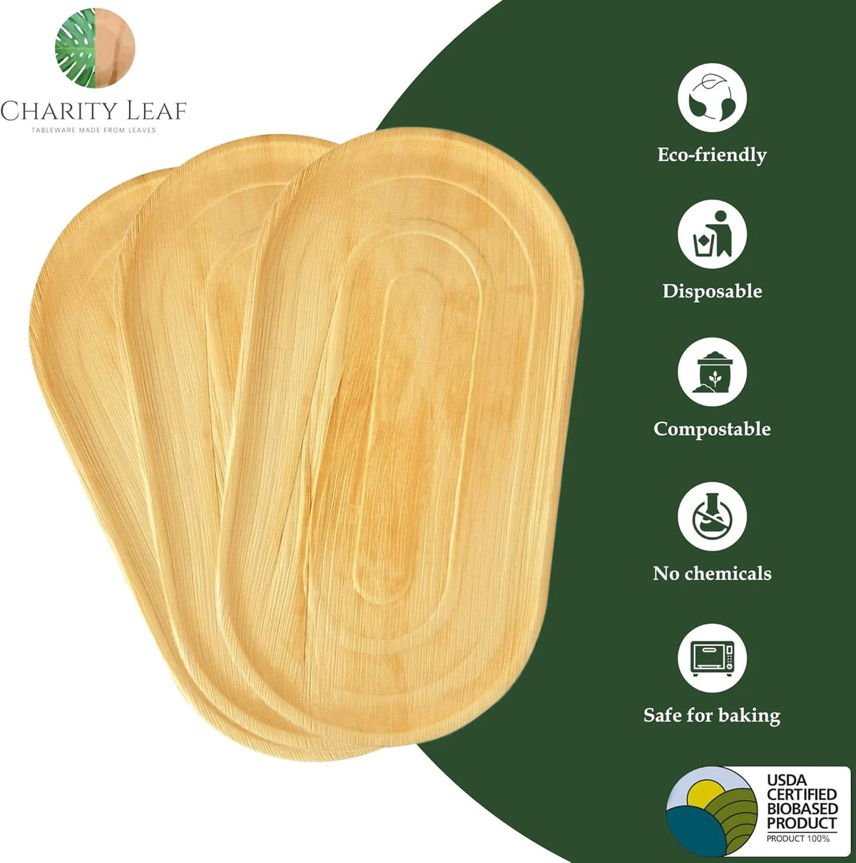 Charity Leaf 50-Pack 22"x12" Palm Leaf Trays, Eco-Friendly, Compostable Platters for Weddings, Charcuterie Boards & Events