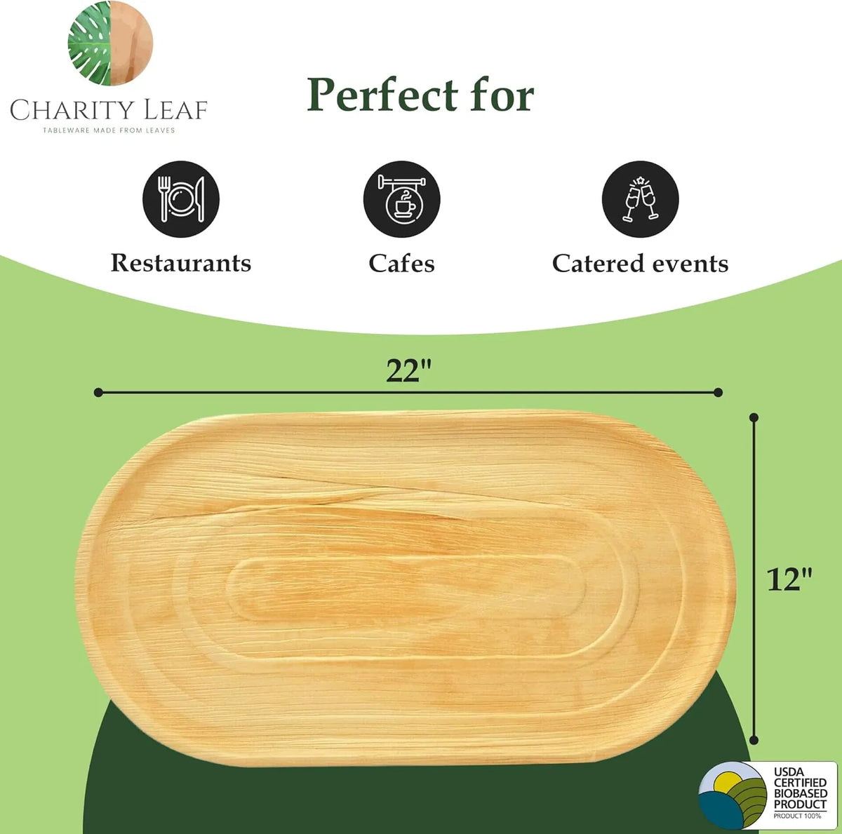 Charity Leaf 50-Pack 22"x12" Palm Leaf Trays, Eco-Friendly, Compostable Platters for Weddings, Charcuterie Boards & Events