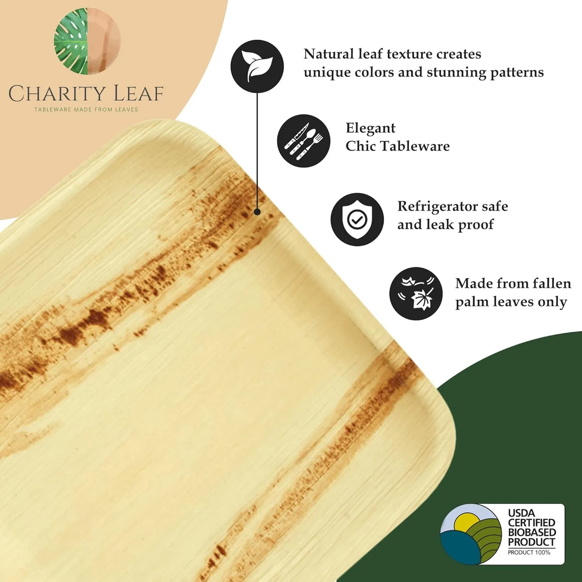 Charity Leaf 50-Pack 22"x12" Palm Leaf Trays, Eco-Friendly, Compostable Platters for Weddings, Charcuterie Boards & Events