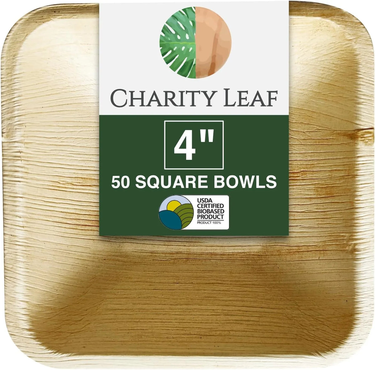 Charity Leaf Disposable Palm Leaf 4" Square Bowl (50 pcs) Dipping Bowls, Bamboo Like, All Natural and Biodegradable, Charcuterie Boards, BBQs