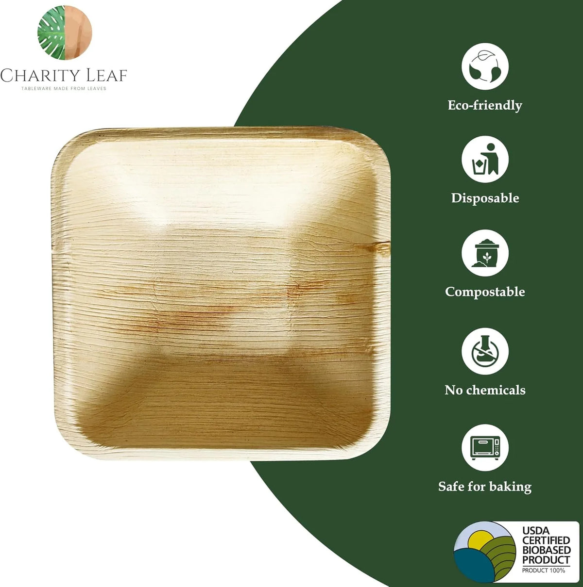 Charity Leaf Disposable Palm Leaf 4" Square Bowl (50 pcs) Dipping Bowls, Bamboo Like, All Natural and Biodegradable, Charcuterie Boards, BBQs