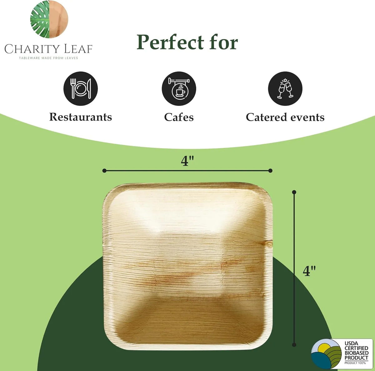 Charity Leaf Disposable Palm Leaf 4" Square Bowl (50 pcs) Dipping Bowls, Bamboo Like, All Natural and Biodegradable, Charcuterie Boards, BBQs