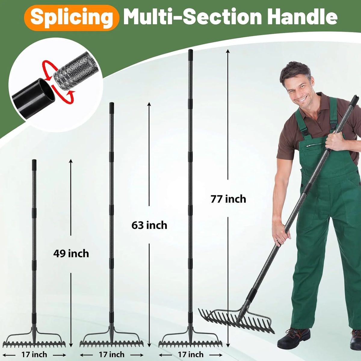 Garden Rake, 63 Inch Long Handle with 17 Tongs, Heavy Duty Metal Bow Rake for Loosening Leveling Soil, Garden Leaf Rake for Raking Leaves Grass